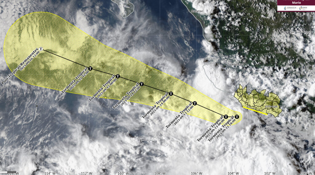 La tormenta tropical Mario origina lluvias fuertes, oleaje elevado y rachas fuertes de viento en el sur y occidente de México