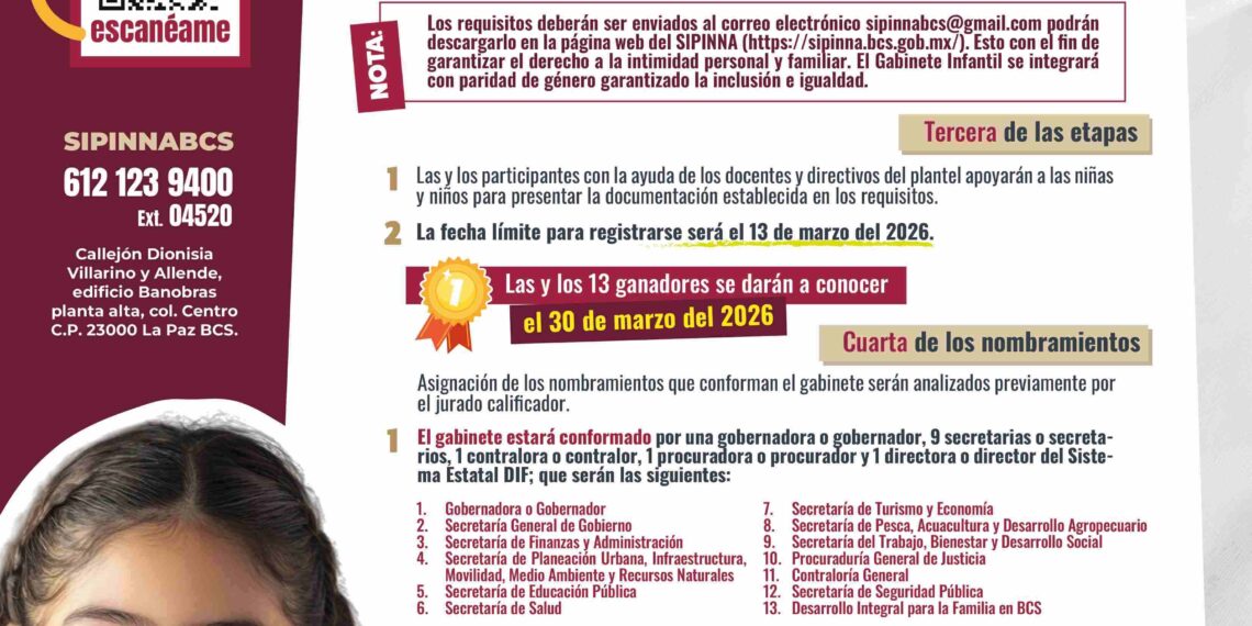 Gobierno de BCS abre convocatoria para la tercera edición del Gabinete Infantil